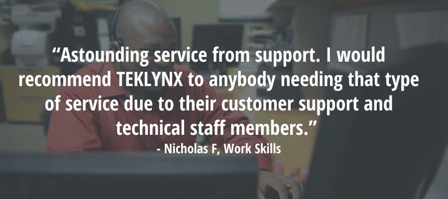 Quote about TEKLYNX customer support over a picture of employee